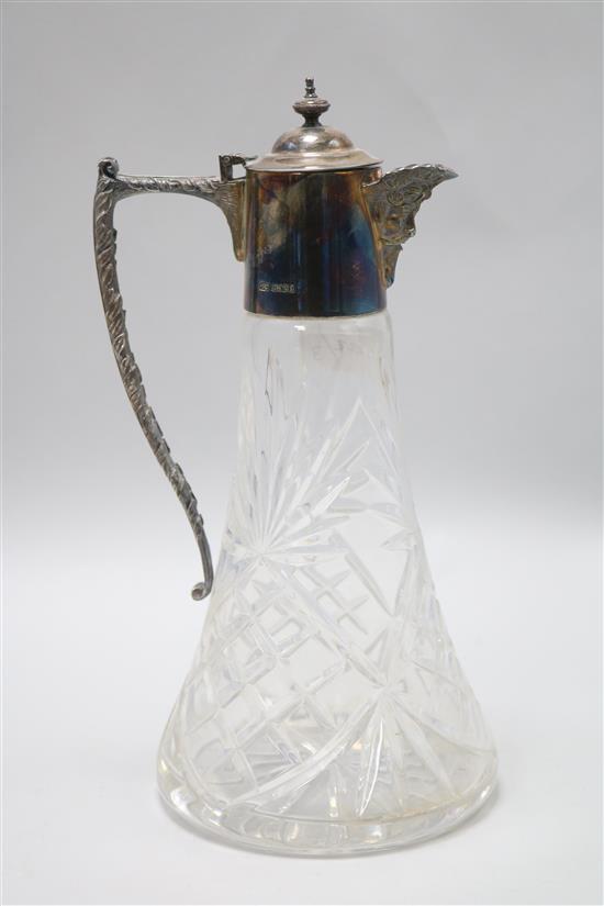 A 1970s silver mounted cut glass claret jug, 28cm.